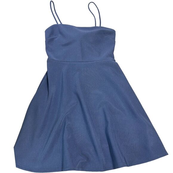 Urban Outfitters Shiny Blue Stretch Mini Skater Dress Adjustable Tie Back Sz S - Picture 3 of 10